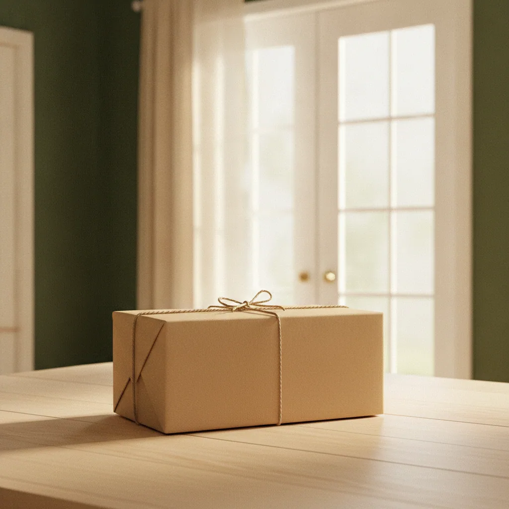 Siisti ruskeapaperi-paketti vaalean eteisen pöydällä toimitettuna